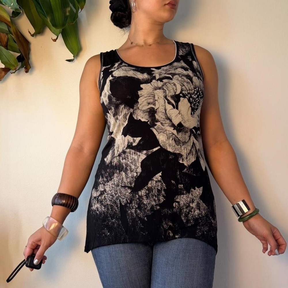 Vanilla Sugar Y2K Floral Sequin Grunge Tunic Tank Top Black Tan Medium